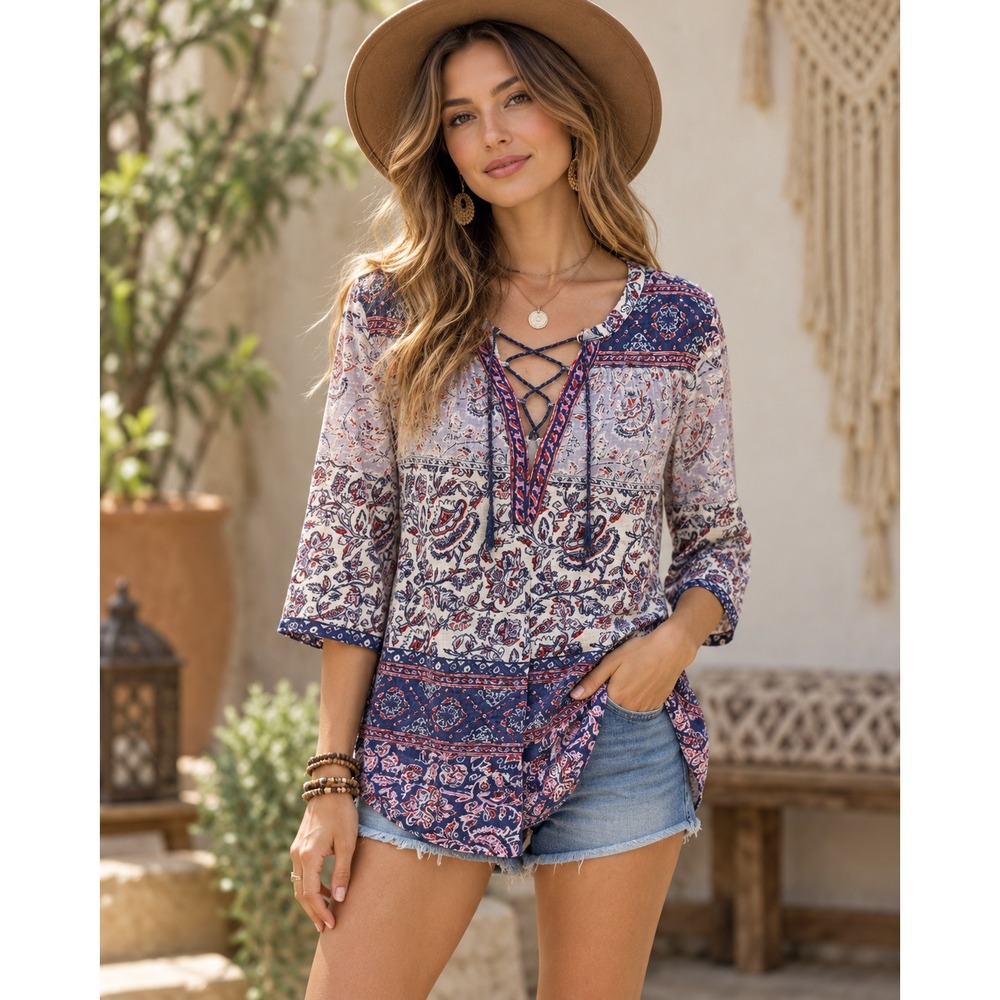 Lucky Brand Paisley Lace Up Blouse Womens M Boho Chic 3/4 Sleeve Peasant Top